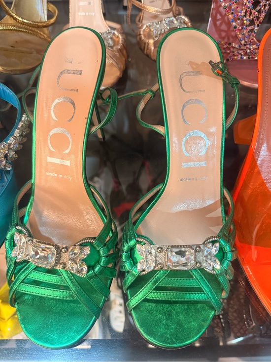 Gucci Shoes - Gucci Emerald Green Satin Crystal Buckle Strappy Heels